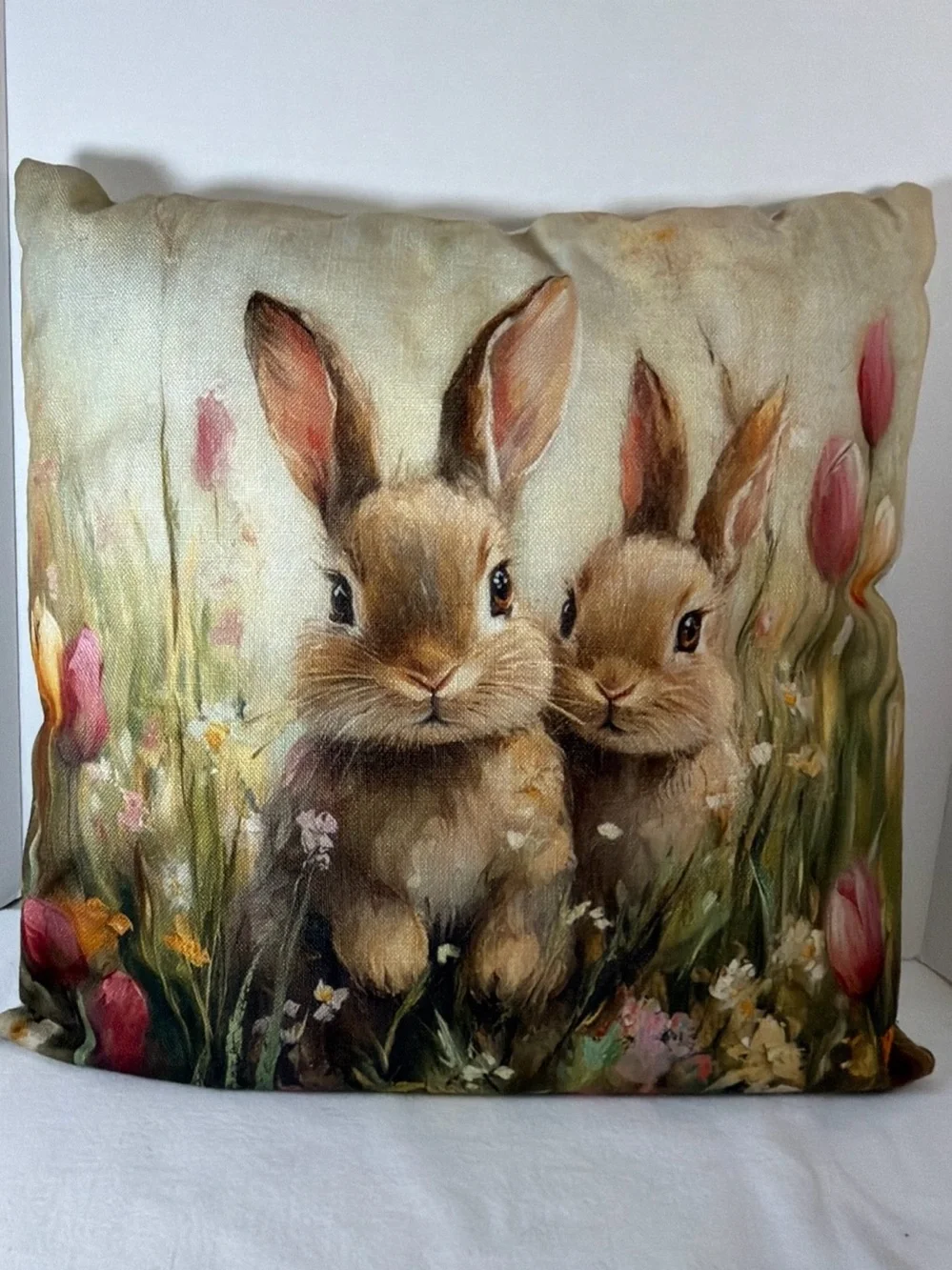 Bunny Rabbit Floral 17 x 17 Inch Pillow With Core Country Farmhouse Cottage Core